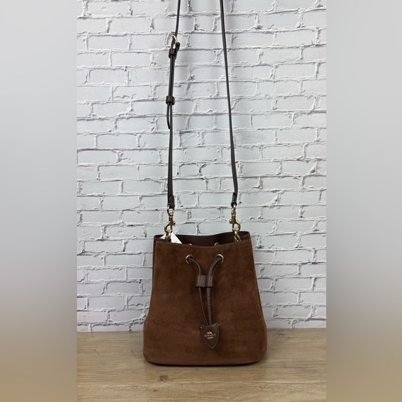 Coach Rowan Bucket Suede and Leather Bag Gold/Vintage Brown free unbranded scarf - Picture 11 of 16